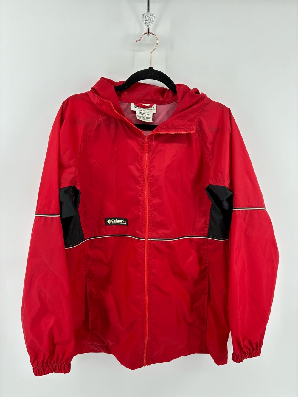 Columbia Vintage Red Hooded Rain Jacket with Black Accents Made in Philippines